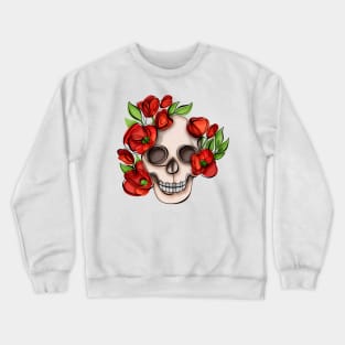 Minimalistic Continuous Line Skull with Poppies Crewneck Sweatshirt